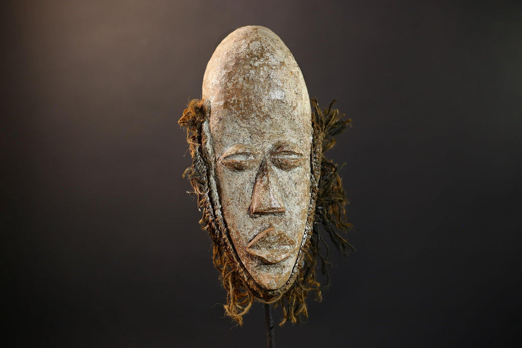 African Dan Mask | White Kaolin Wood Mask | Hand-Carved Tribal Wall Art | Spirit Face Sculpture | Traditional Raffia African Decor-G5249
