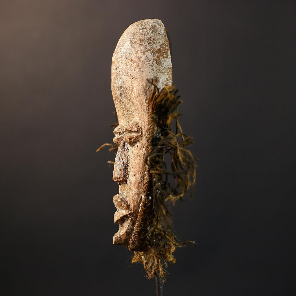 African Dan Mask | White Kaolin Wood Mask | Hand-Carved Tribal Wall Art | Spirit Face Sculpture | Traditional Raffia African Decor-G5249