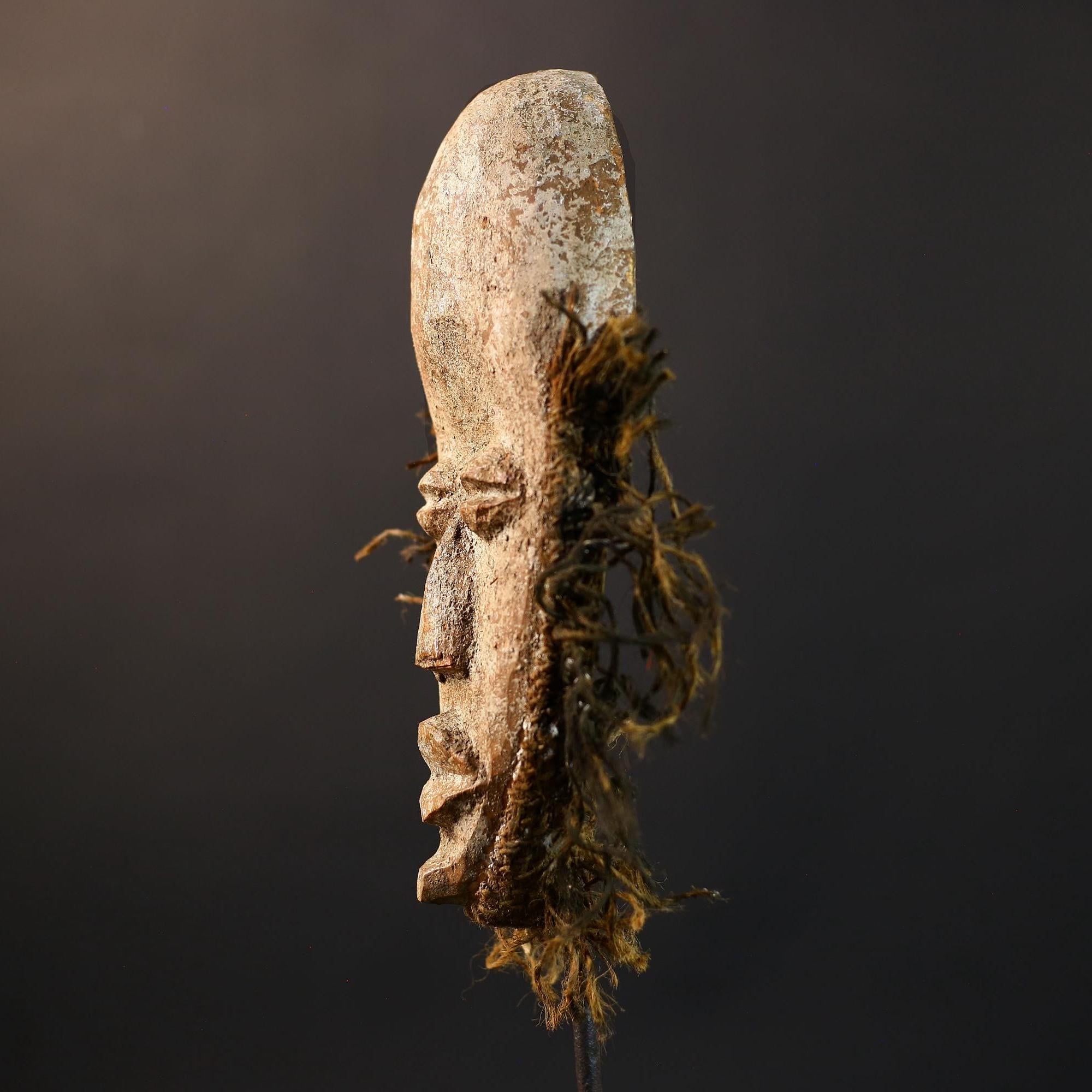 African Dan Mask | White Kaolin Wood Mask | Hand-Carved Tribal Wall Art | Spirit Face Sculpture | Traditional Raffia African Decor-G5249