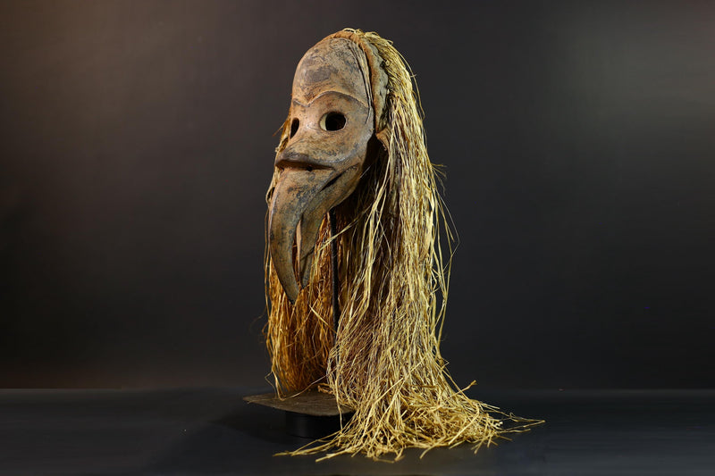 African Dan Bird Mask | Long Beak Tribal Art | Hand-Carved Wood Spirit Mask | Raffia Wall Sculpture | Vintage African Decor-G5248