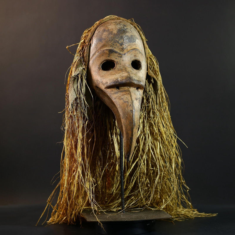 African Dan Bird Mask | Long Beak Tribal Art | Hand-Carved Wood Spirit Mask | Raffia Wall Sculpture | Vintage African Decor-G5248