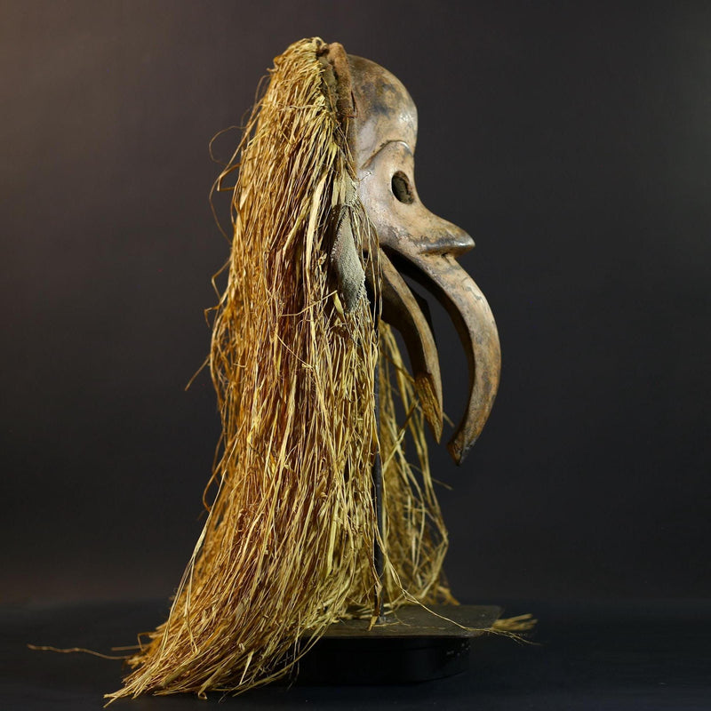 African Dan Bird Mask | Long Beak Tribal Art | Hand-Carved Wood Spirit Mask | Raffia Wall Sculpture | Vintage African Decor-G5248