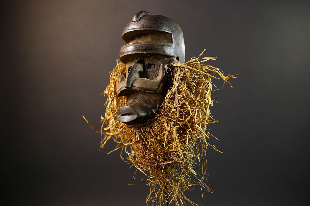 African Tribal Mask | Dan Helmet Mask | Handcarved Wood Art | Raffia Beard Warrior Mask | African Spirit Sculpture Decor-G5270