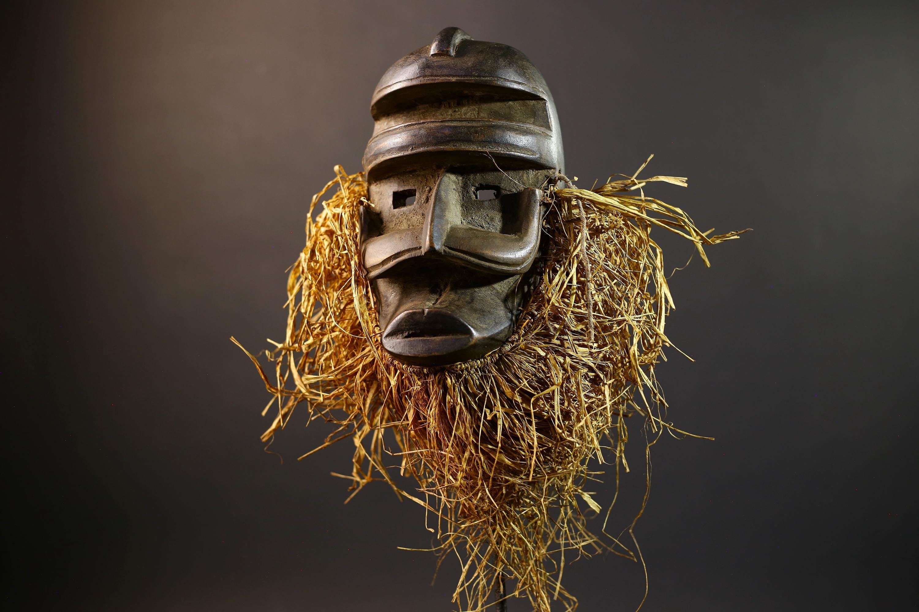 African Tribal Mask | Dan Helmet Mask | Handcarved Wood Art | Raffia Beard Warrior Mask | African Spirit Sculpture Decor-G5270