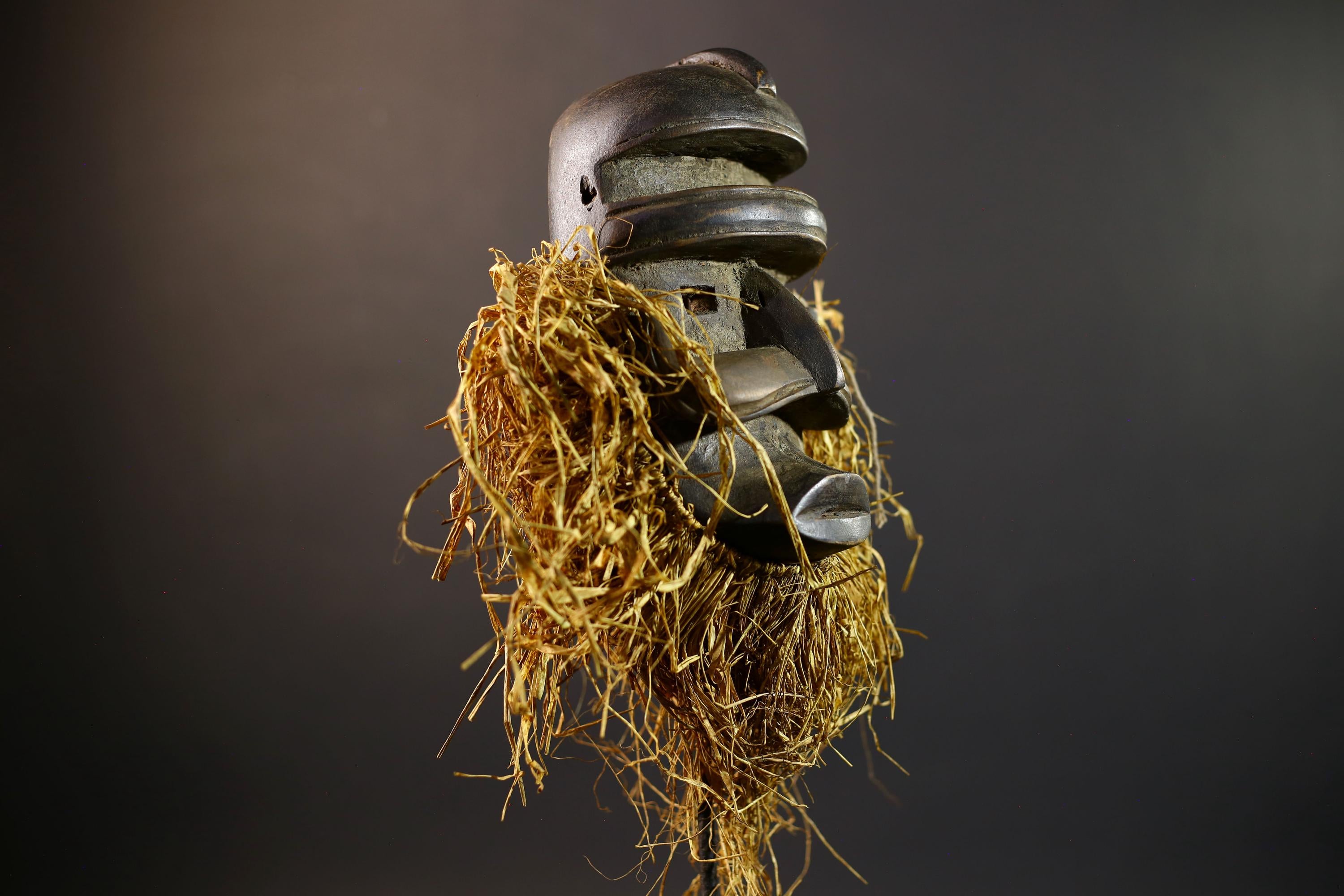 African Tribal Mask | Dan Helmet Mask | Handcarved Wood Art | Raffia Beard Warrior Mask | African Spirit Sculpture Decor-G5270