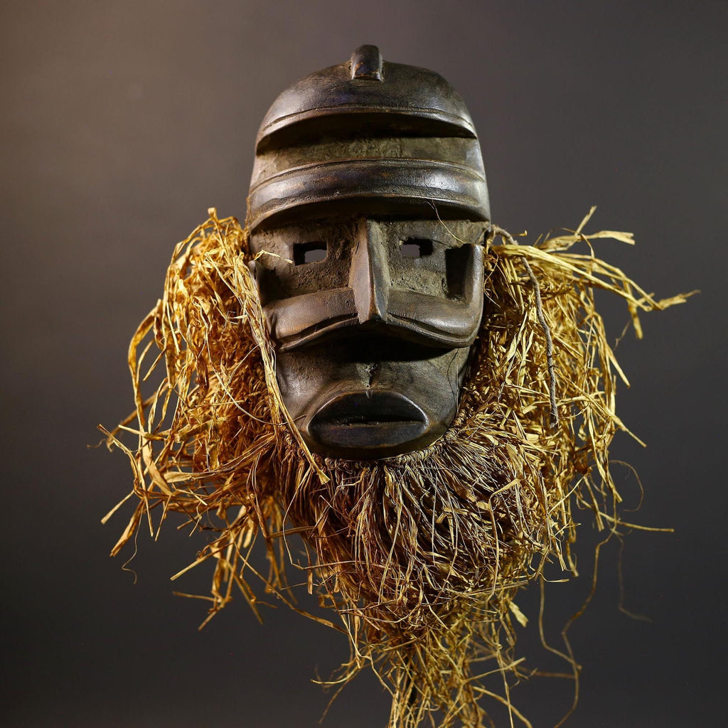 African Tribal Mask | Dan Helmet Mask | Handcarved Wood Art | Raffia Beard Warrior Mask | African Spirit Sculpture Decor-G5270
