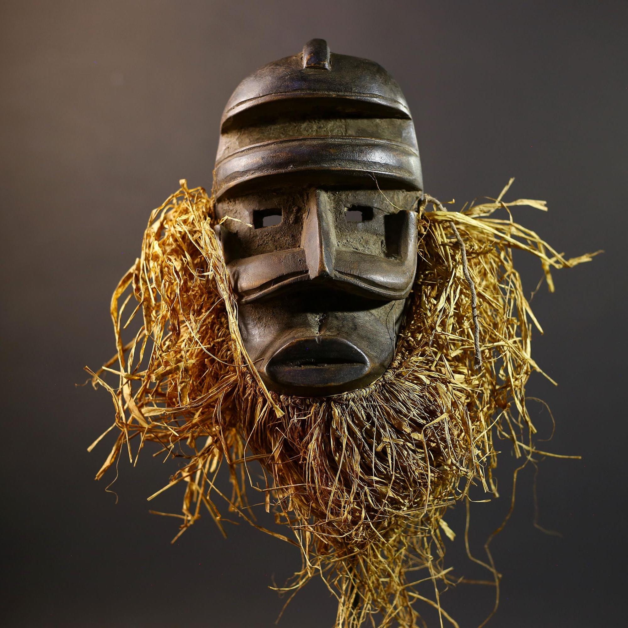 African Tribal Mask | Dan Helmet Mask | Handcarved Wood Art | Raffia Beard Warrior Mask | African Spirit Sculpture Decor-G5270