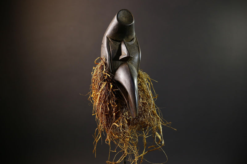 African Tribal Mask | Dan Bird Mask | Handcarved Wood Art | Raffia Beard Spirit Mask | African Figurine Wall Sculpture Decor-G5269
