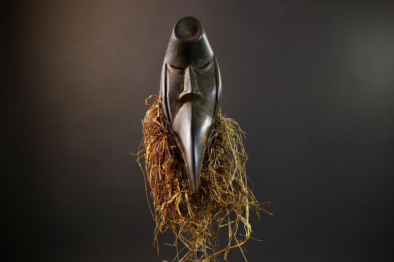 African Tribal Mask | Dan Bird Mask | Handcarved Wood Art | Raffia Beard Spirit Mask | African Figurine Wall Sculpture Decor-G5269