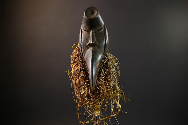 African Tribal Mask | Dan Bird Mask | Handcarved Wood Art | Raffia Beard Spirit Mask | African Figurine Wall Sculpture Decor-G5269