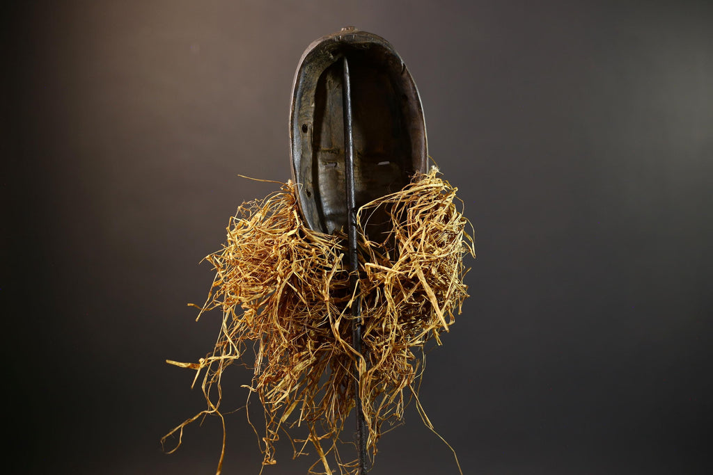 African Tribal Mask | Dan Bird Mask | Handcarved Wood Art | Raffia Beard Spirit Mask | African Figurine Wall Sculpture Decor-G5268