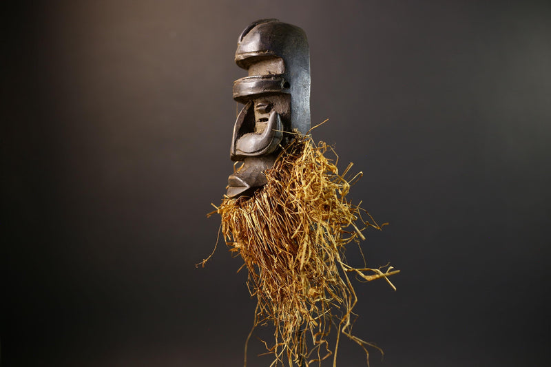 African Tribal Mask | Dan Bird Mask | Handcarved Wood Art | Raffia Beard Spirit Mask | African Figurine Wall Sculpture Decor-G5268