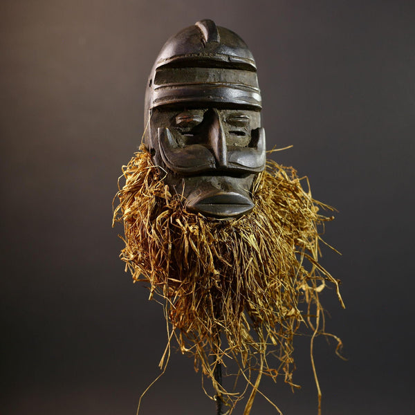 African Tribal Mask | Dan Bird Mask | Handcarved Wood Art | Raffia Beard Spirit Mask | African Figurine Wall Sculpture Decor-G5268