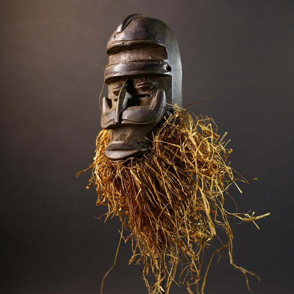 African Tribal Mask | Dan Bird Mask | Handcarved Wood Art | Raffia Beard Spirit Mask | African Figurine Wall Sculpture Decor-G5268