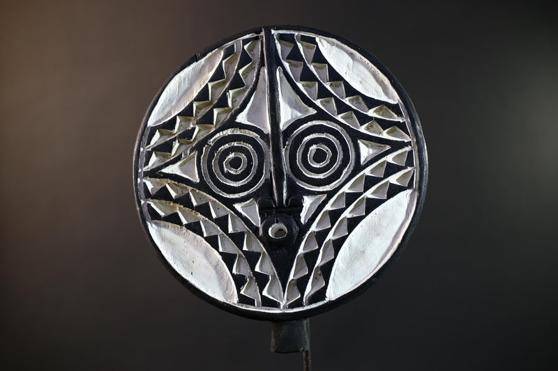 African Bwa Sun Mask | Hand-Carved Wood Wall Art | Tribal Burkina Faso Decor | Blue White Brown Mask | Vintage Ritual Spirit Sculpture-G5267