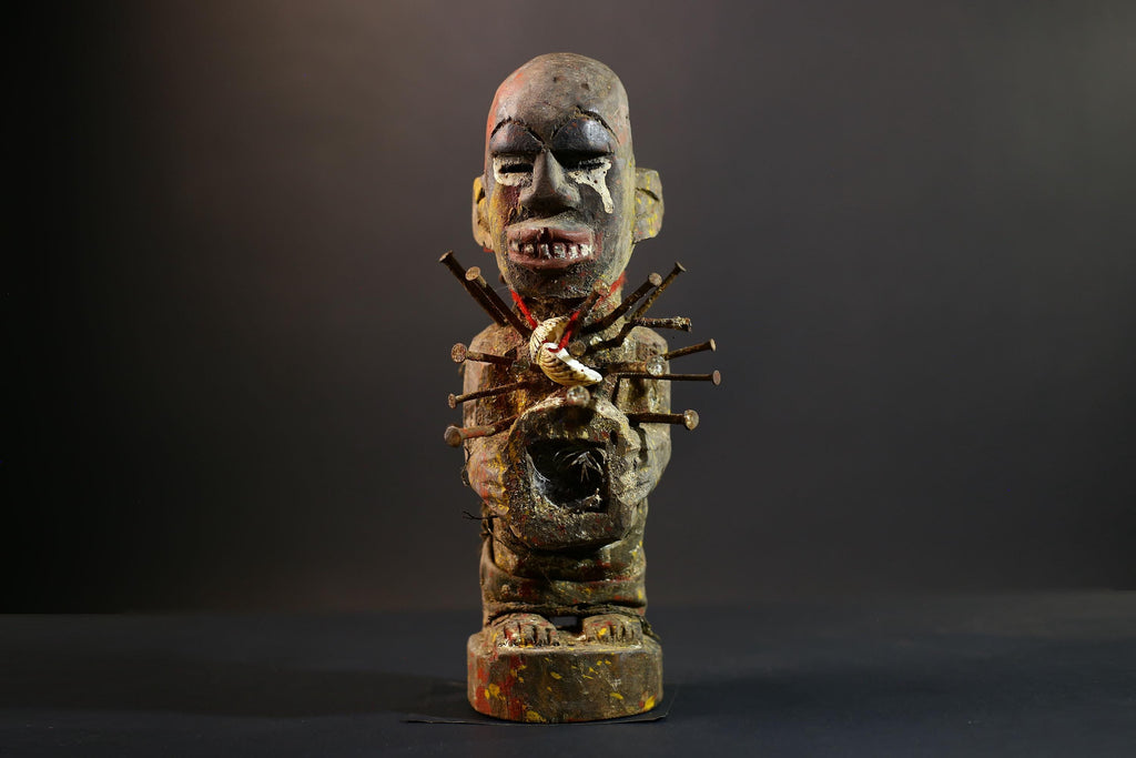 African Nkisi Nkondi Figure | Tribal Power Statue with Nails | Handcarved Fetish Figurine | Antique Voodoo Spirit Sculpture Decor-G5264