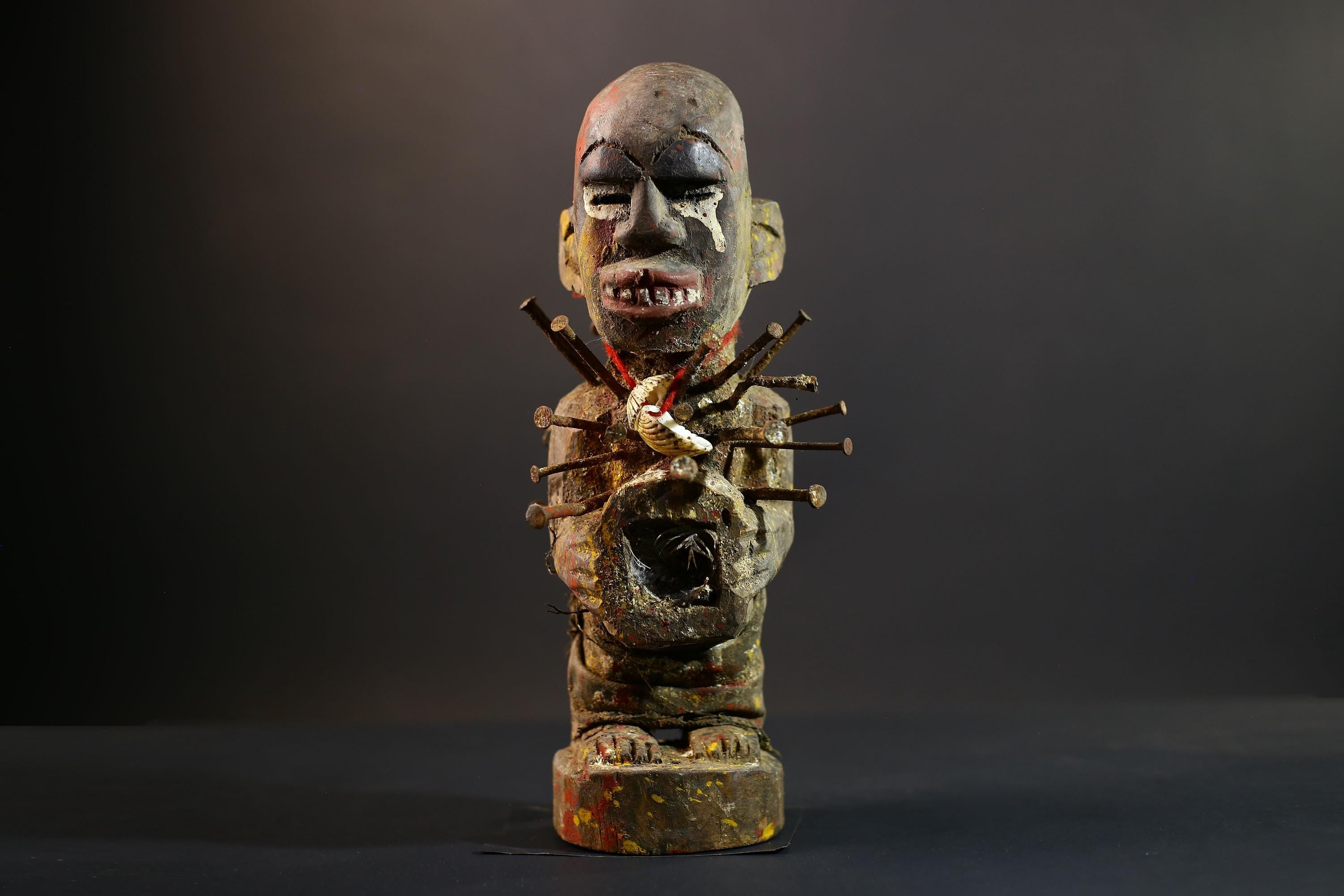 African Nkisi Nkondi Figure | Tribal Power Statue with Nails | Handcarved Fetish Figurine | Antique Voodoo Spirit Sculpture Decor-G5264