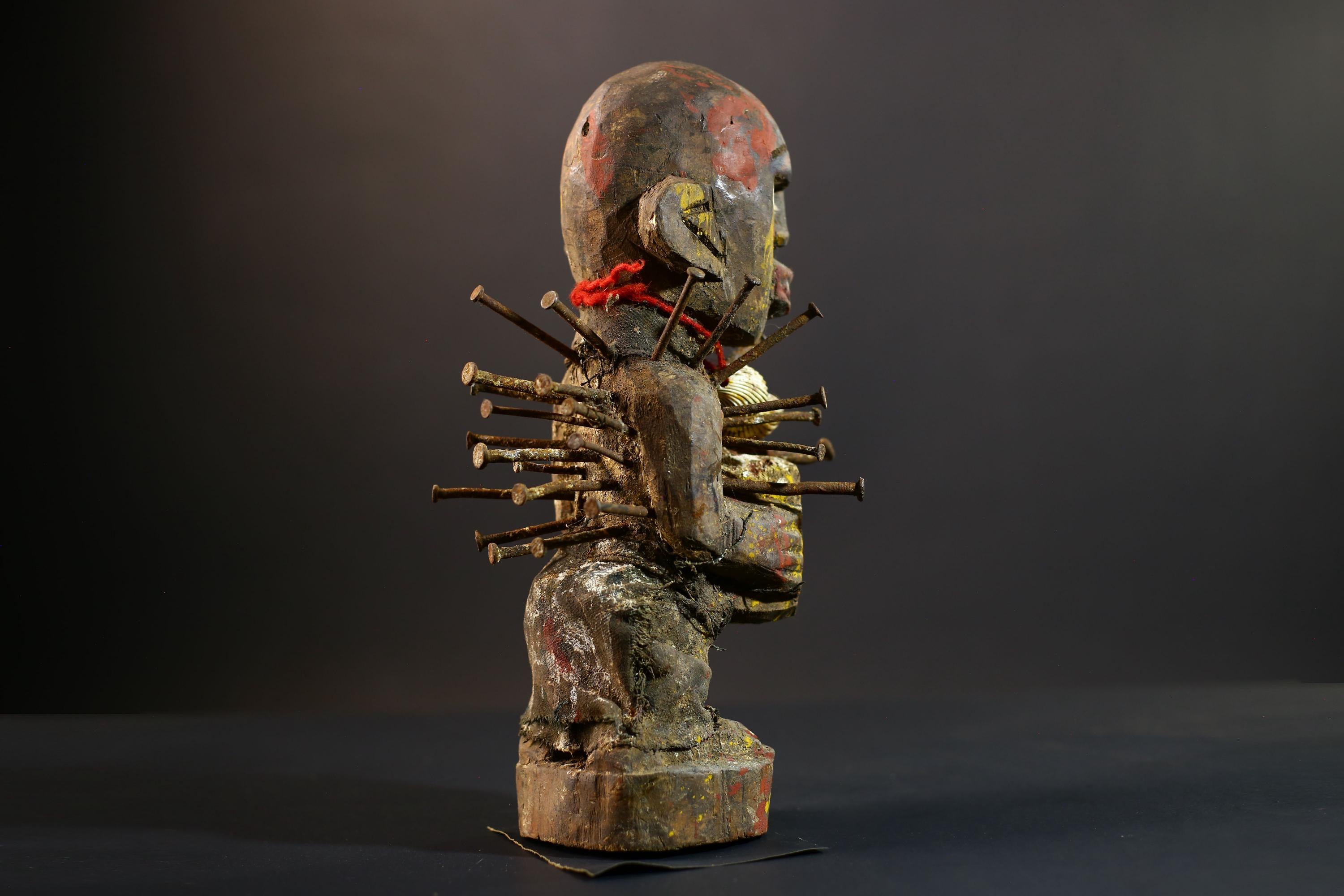 African Nkisi Nkondi Figure | Tribal Power Statue with Nails | Handcarved Fetish Figurine | Antique Voodoo Spirit Sculpture Decor-G5264