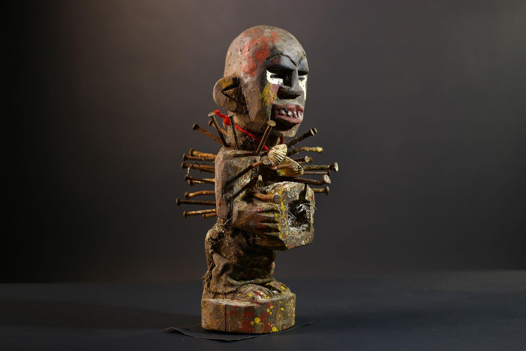 African Nkisi Nkondi Figure | Tribal Power Statue with Nails | Handcarved Fetish Figurine | Antique Voodoo Spirit Sculpture Decor-G5264