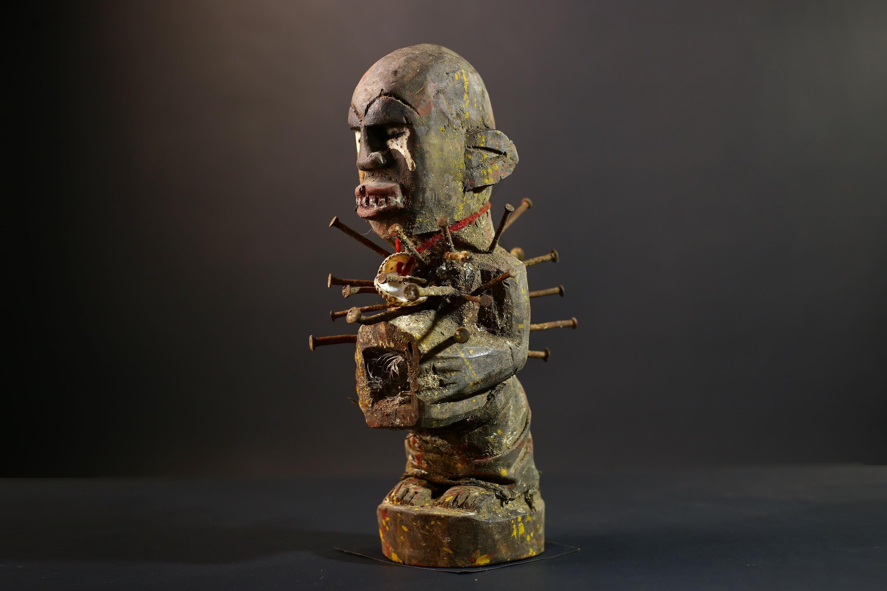 African Nkisi Nkondi Figure | Tribal Power Statue with Nails | Handcarved Fetish Figurine | Antique Voodoo Spirit Sculpture Decor-G5264