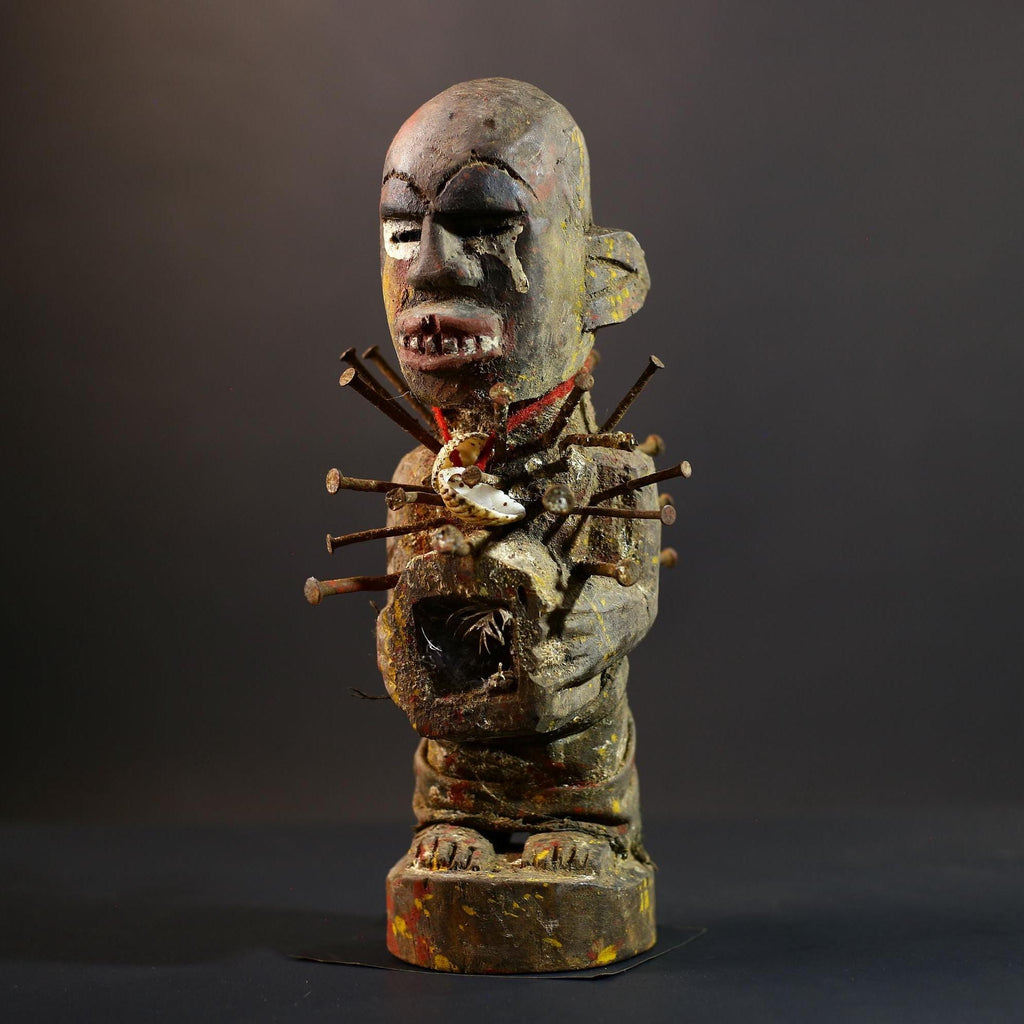 African Nkisi Nkondi Figure | Tribal Power Statue with Nails | Handcarved Fetish Figurine | Antique Voodoo Spirit Sculpture Decor-G5264