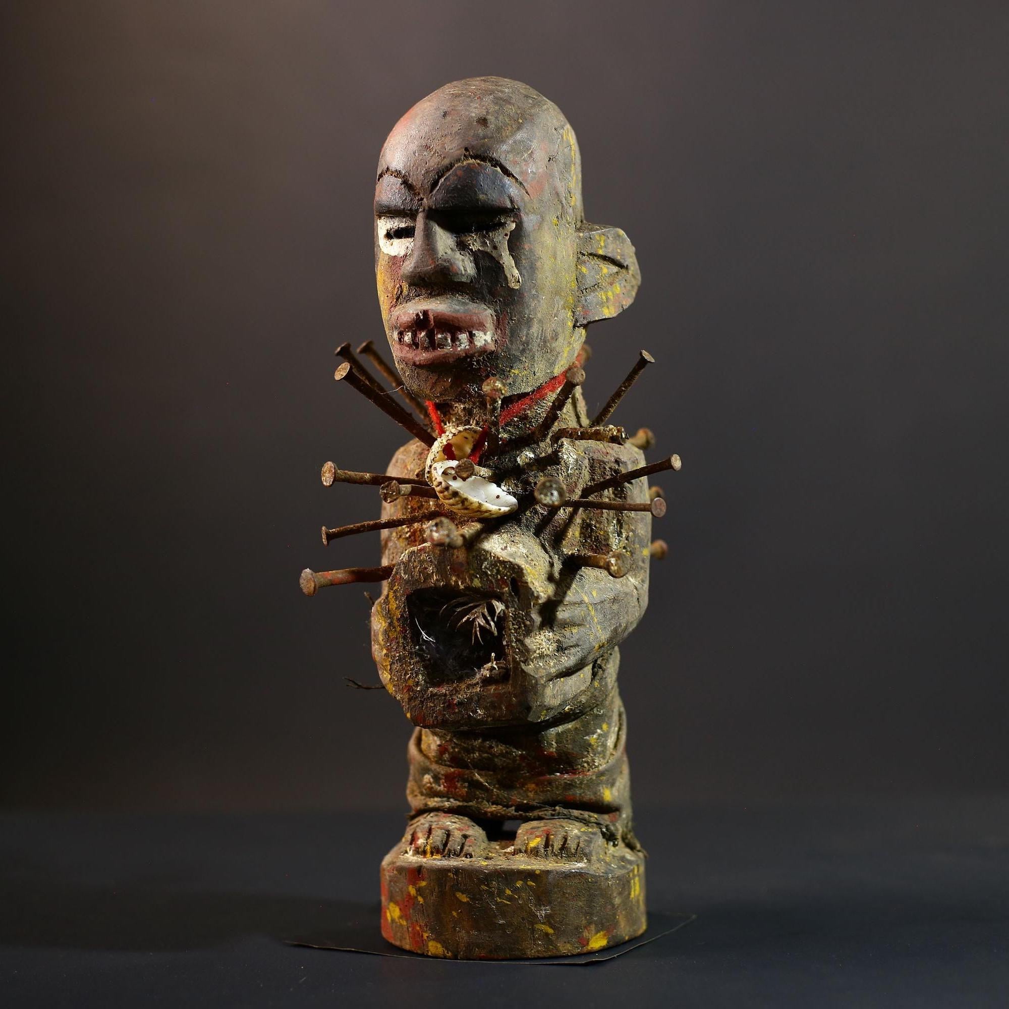 African Nkisi Nkondi Figure | Tribal Power Statue with Nails | Handcarved Fetish Figurine | Antique Voodoo Spirit Sculpture Decor-G5264