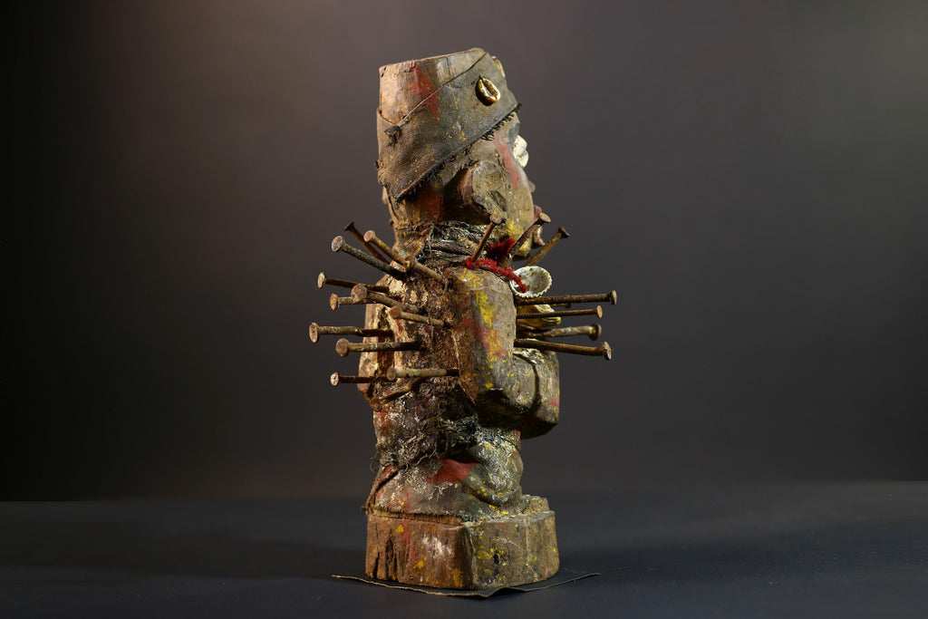 African Nkisi Nkondi Statue | Tribal Power Figure Nails Shells | Authentic Handcarved Fetish Figurine | Spirit Voodoo Sculpture Decor-G5263