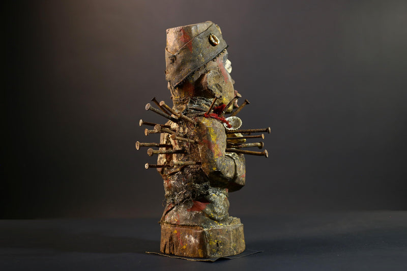 African Nkisi Nkondi Statue | Tribal Power Figure Nails Shells | Authentic Handcarved Fetish Figurine | Spirit Voodoo Sculpture Decor-G5263