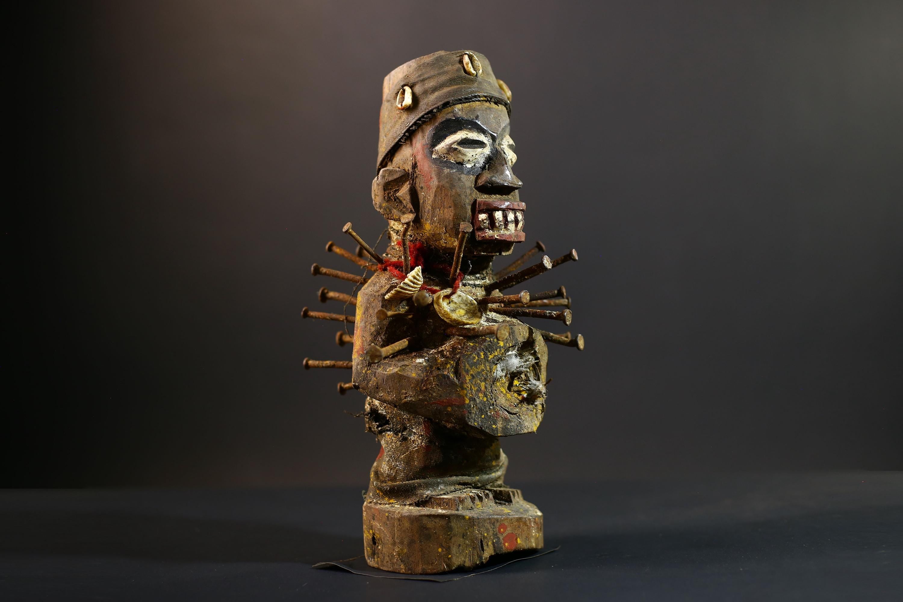 African Nkisi Nkondi Statue | Tribal Power Figure Nails Shells | Authentic Handcarved Fetish Figurine | Spirit Voodoo Sculpture Decor-G5263