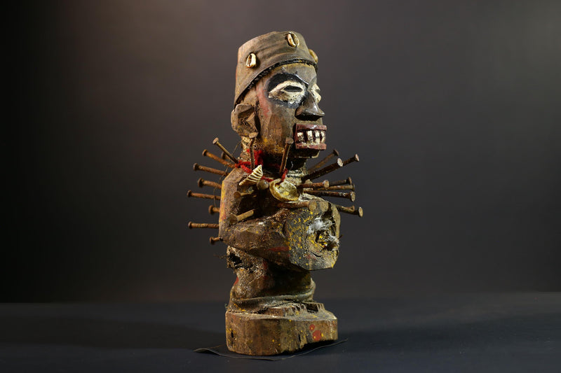 African Nkisi Nkondi Statue | Tribal Power Figure Nails Shells | Authentic Handcarved Fetish Figurine | Spirit Voodoo Sculpture Decor-G5263