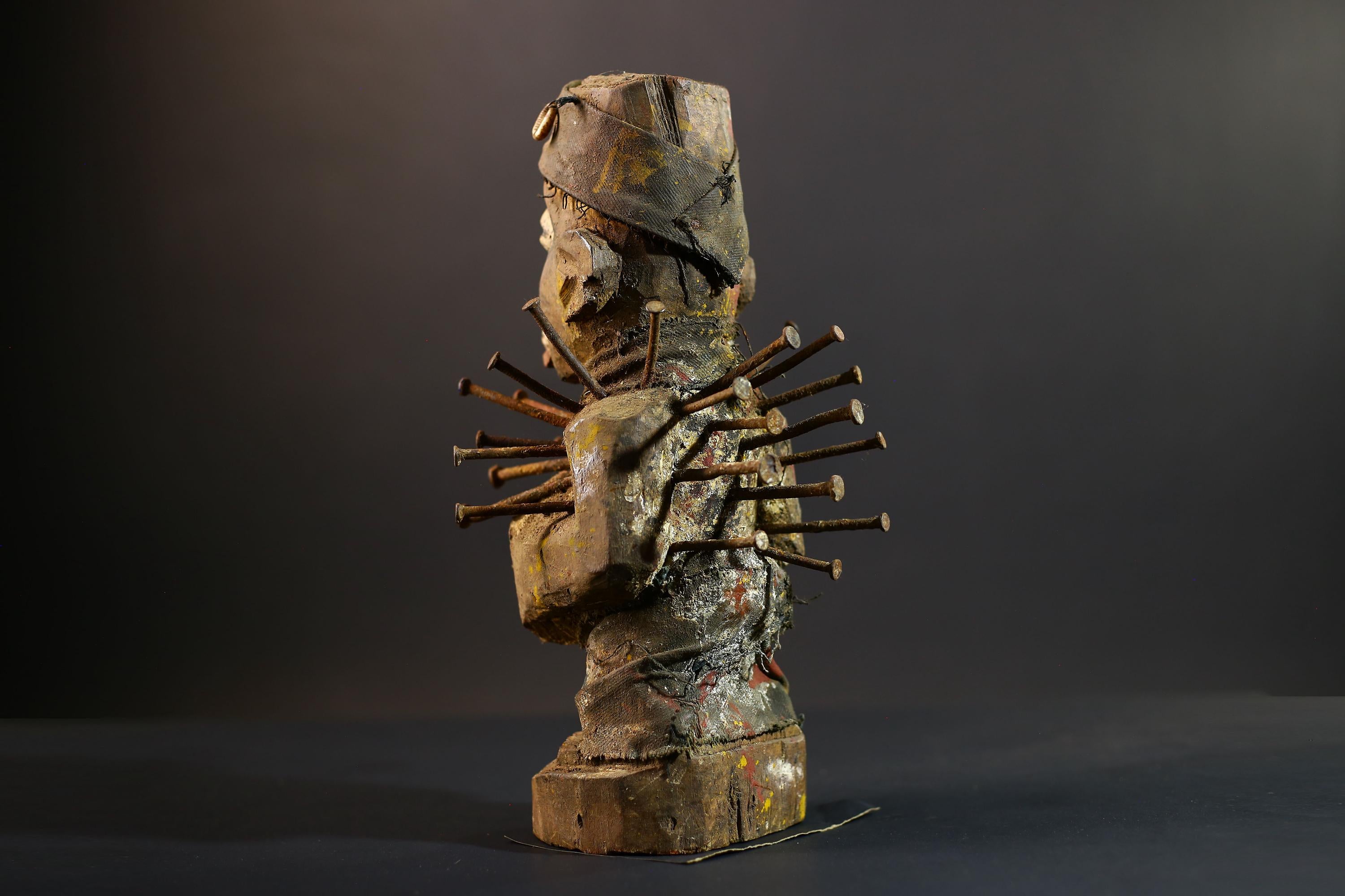 African Nkisi Nkondi Statue | Tribal Power Figure Nails Shells | Authentic Handcarved Fetish Figurine | Spirit Voodoo Sculpture Decor-G5263