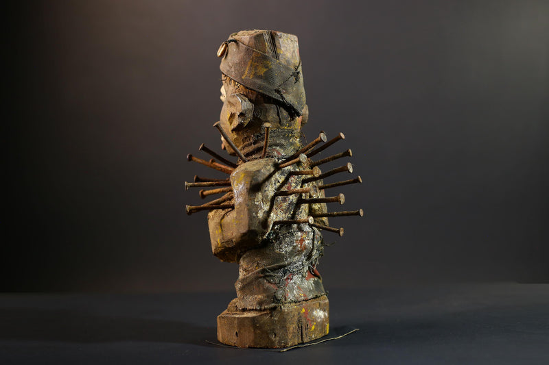African Nkisi Nkondi Statue | Tribal Power Figure Nails Shells | Authentic Handcarved Fetish Figurine | Spirit Voodoo Sculpture Decor-G5263