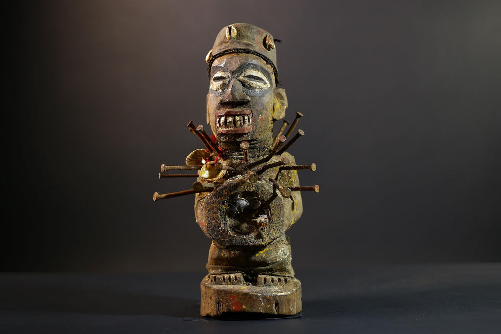 African Nkisi Nkondi Statue | Tribal Power Figure Nails Shells | Authentic Handcarved Fetish Figurine | Spirit Voodoo Sculpture Decor-G5263