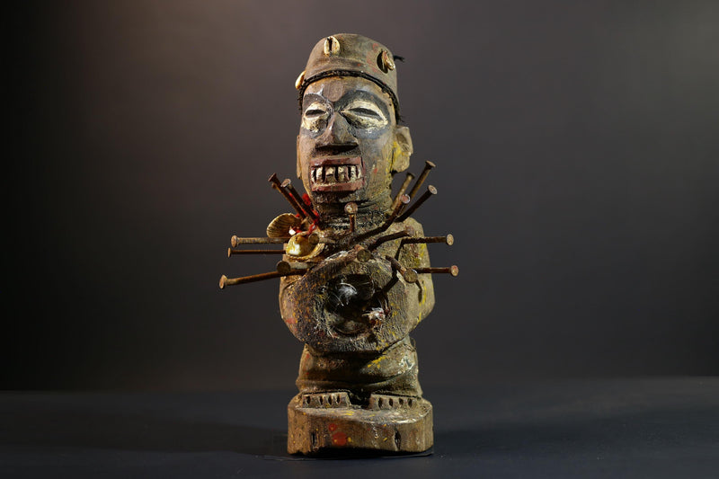 African Nkisi Nkondi Statue | Tribal Power Figure Nails Shells | Authentic Handcarved Fetish Figurine | Spirit Voodoo Sculpture Decor-G5263