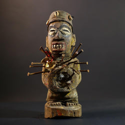 African Nkisi Nkondi Statue | Tribal Power Figure Nails Shells | Authentic Handcarved Fetish Figurine | Spirit Voodoo Sculpture Decor-G5263