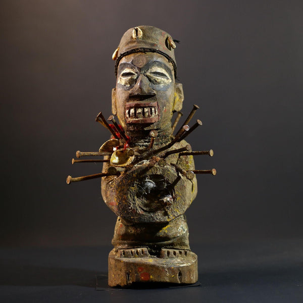 African Nkisi Nkondi Statue | Tribal Power Figure Nails Shells | Authentic Handcarved Fetish Figurine | Spirit Voodoo Sculpture Decor-G5263