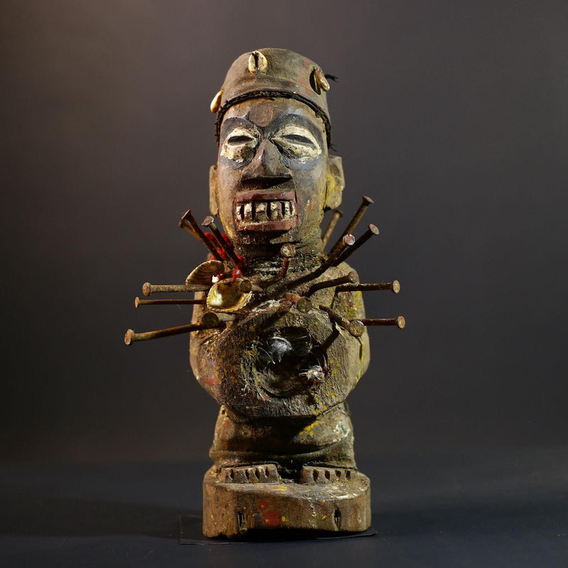 African Nkisi Nkondi Statue | Tribal Power Figure Nails Shells | Authentic Handcarved Fetish Figurine | Spirit Voodoo Sculpture Decor-G5263