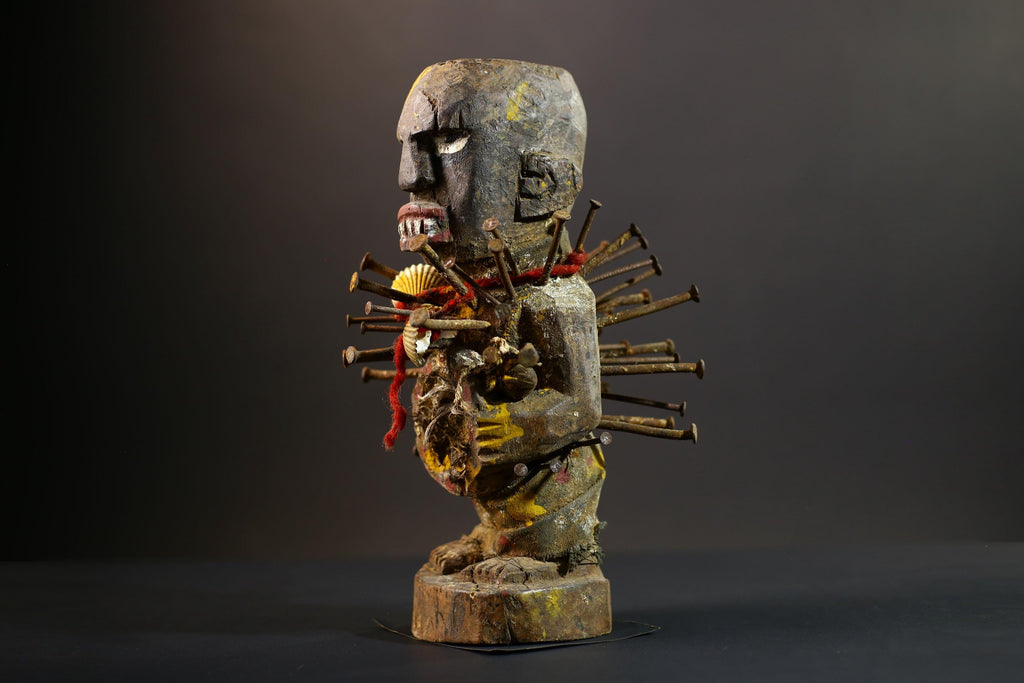 African Nkisi Nkondi Statue | Tribal Power Figure Nails Shells | Authentic Handcarved Fetish Figurine | Spirit Voodoo Sculpture Decor-G5258