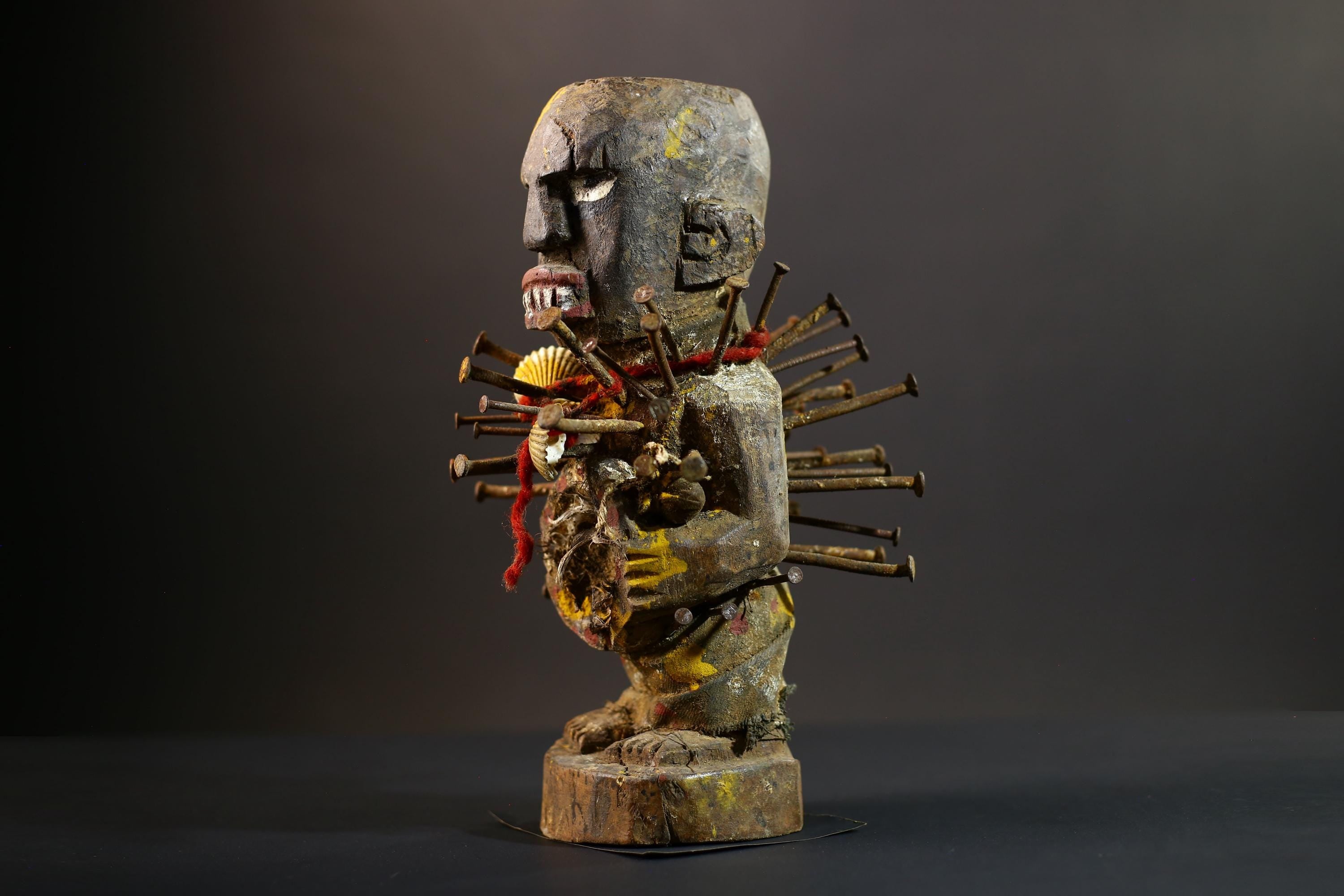 African Nkisi Nkondi Statue | Tribal Power Figure Nails Shells | Authentic Handcarved Fetish Figurine | Spirit Voodoo Sculpture Decor-G5258