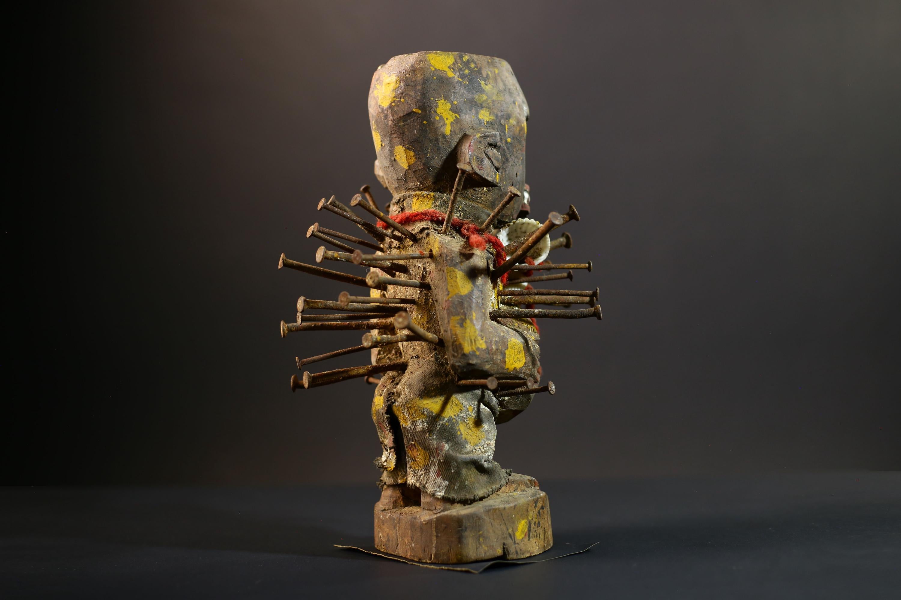 African Nkisi Nkondi Statue | Tribal Power Figure Nails Shells | Authentic Handcarved Fetish Figurine | Spirit Voodoo Sculpture Decor-G5258