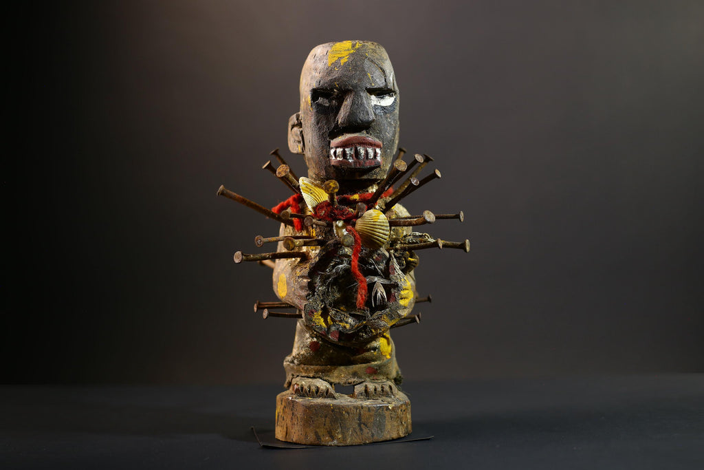 African Nkisi Nkondi Statue | Tribal Power Figure Nails Shells | Authentic Handcarved Fetish Figurine | Spirit Voodoo Sculpture Decor-G5258