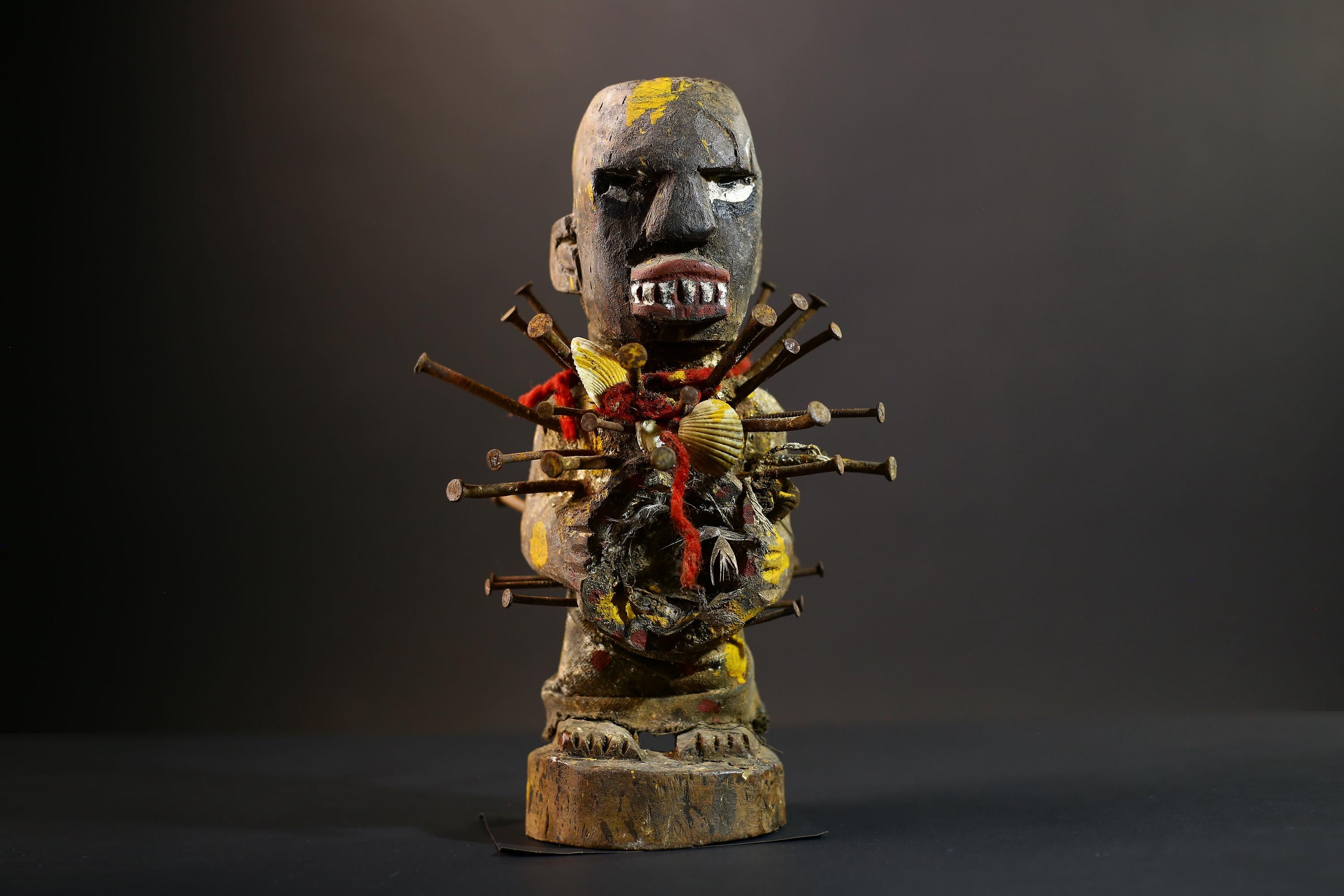 African Nkisi Nkondi Statue | Tribal Power Figure Nails Shells | Authentic Handcarved Fetish Figurine | Spirit Voodoo Sculpture Decor-G5258