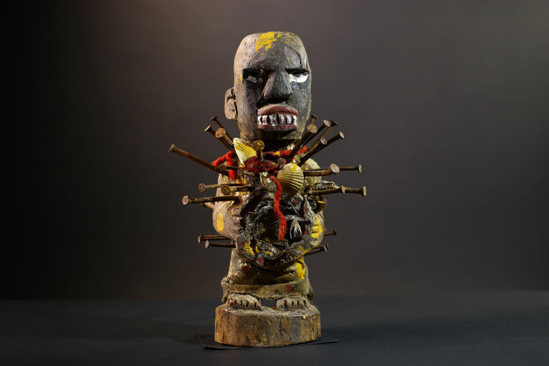 African Nkisi Nkondi Statue | Tribal Power Figure Nails Shells | Authentic Handcarved Fetish Figurine | Spirit Voodoo Sculpture Decor-G5258