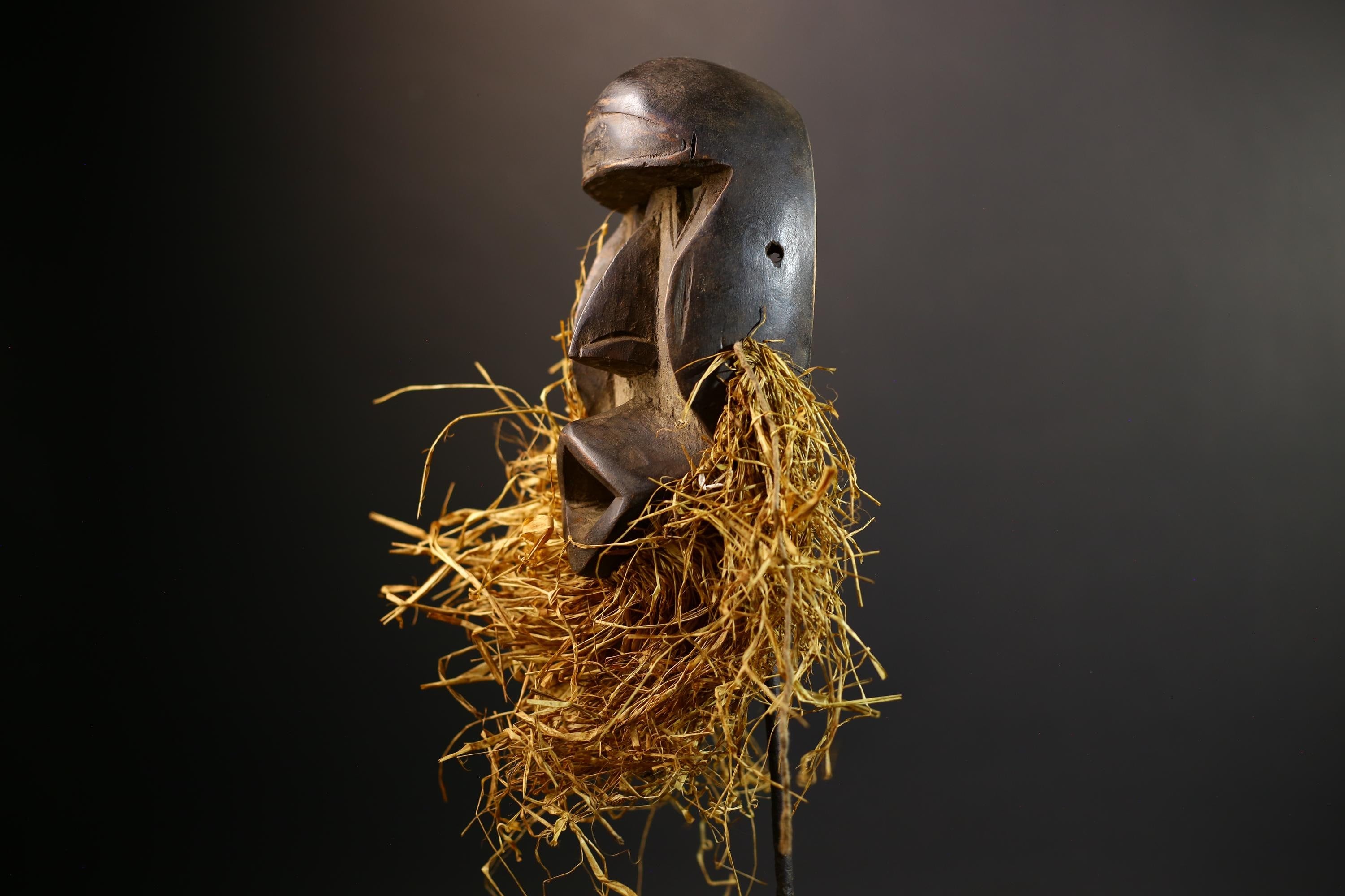 African Raffia Mask | Hand-Carved Wood Figurine | Tribal Fringe Decor | Ethnic Wall Art-G5278
