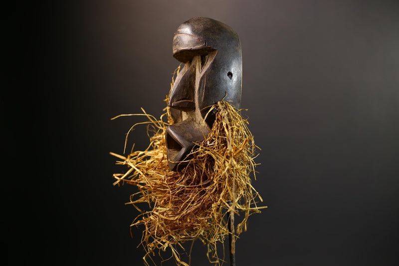 African Raffia Mask | Hand-Carved Wood Figurine | Tribal Fringe Decor | Ethnic Wall Art-G5278