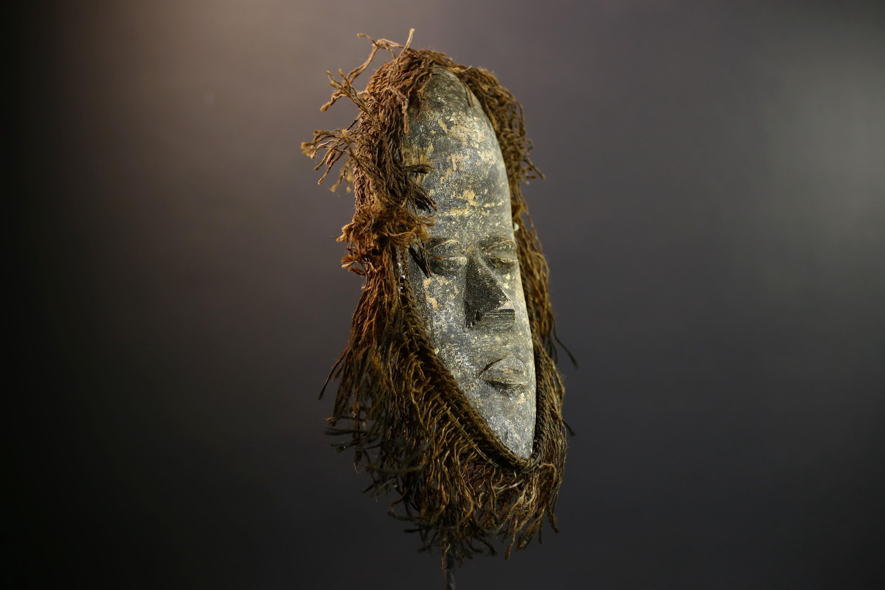 African Dan Mask | Tribal Dan Masks | Hand-Carved Wood Mask | Natural Fiber Fringe Decor | Vintage Ethnic Wall Mask-G5277