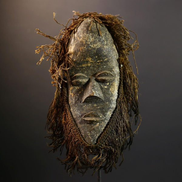 African Dan Mask | Tribal Dan Masks | Hand-Carved Wood Mask | Natural Fiber Fringe Decor | Vintage Ethnic Wall Mask-G5277