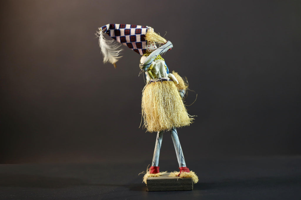 African Raffia Masquerade Doll | Handcrafted Tribal Figurine | Multicolor Folk Art | Wood Base Decor-G5276
