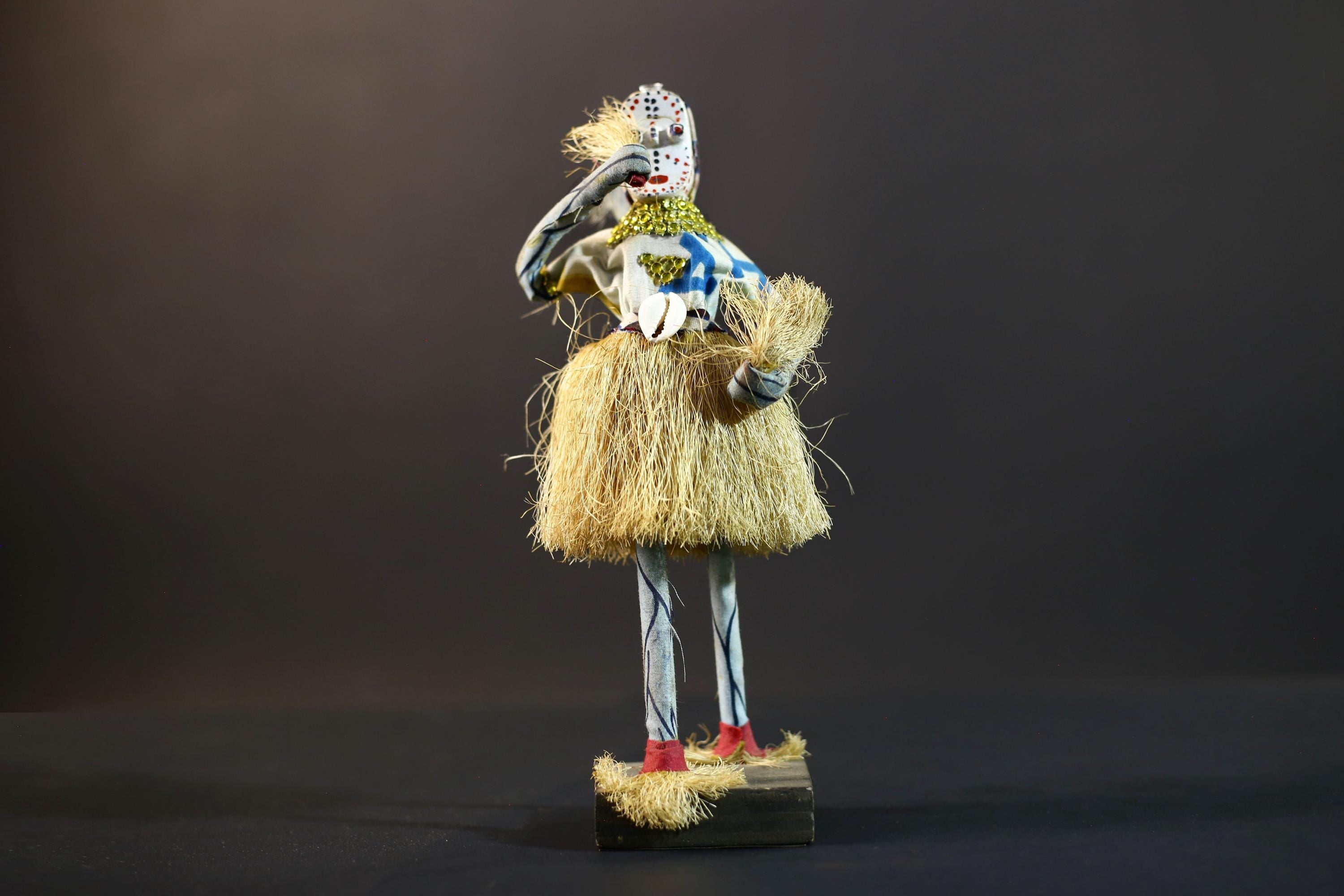 African Raffia Masquerade Doll | Handcrafted Tribal Figurine | Multicolor Folk Art | Wood Base Decor-G5276