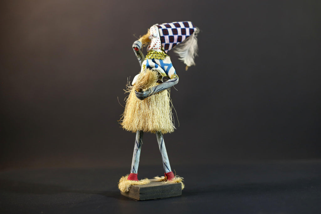 African Raffia Masquerade Doll | Handcrafted Tribal Figurine | Multicolor Folk Art | Wood Base Decor-G5276